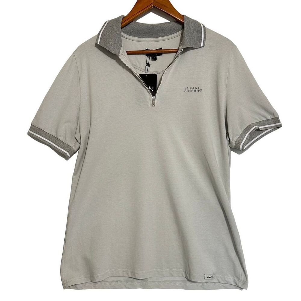 BooHooMan Men's Gray Short Sleeve Polo Shirt, Size L